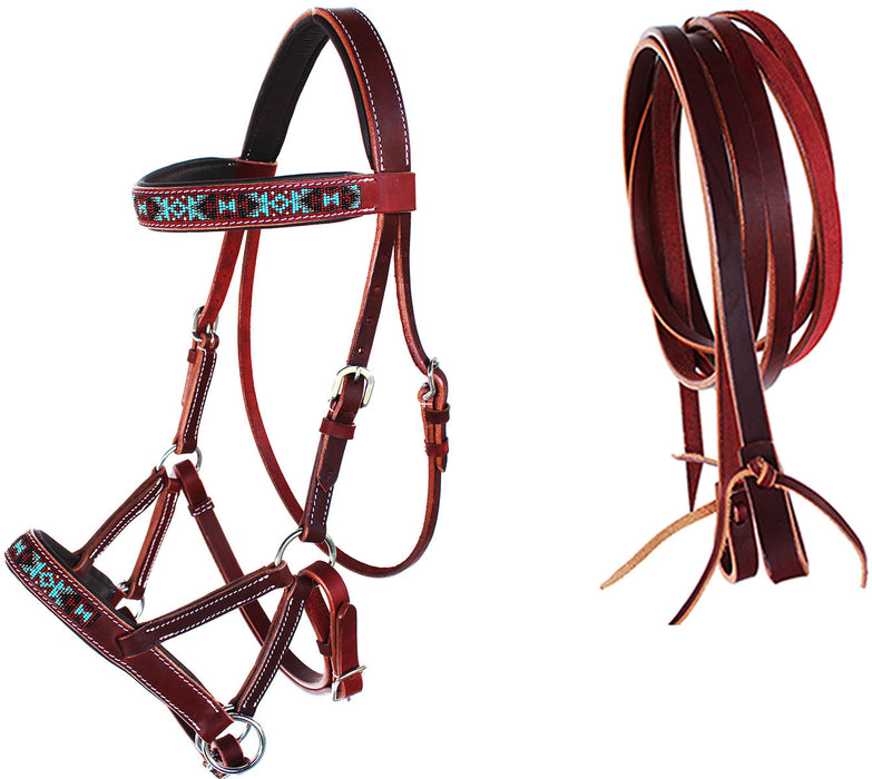 English Western Horse Leather Bitless Bridle Sidepull Halter Reins 77RS12MG-F