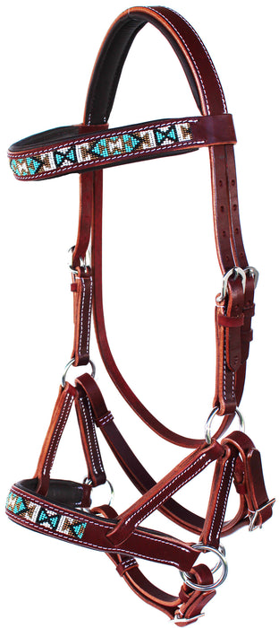 English Western Horse Leather Beaded Bitless Bridle Sidepull Rein  77RS13MG-F