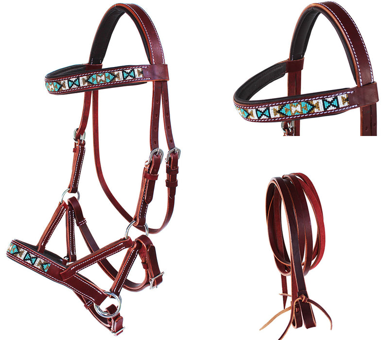 English Western Horse Leather Beaded Bitless Bridle Sidepull Rein  77RS13MG-F