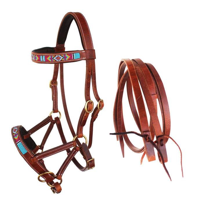 Horse Western Leather Beaded Bitless Sidepull Bridle Reins 77RS15TN-F