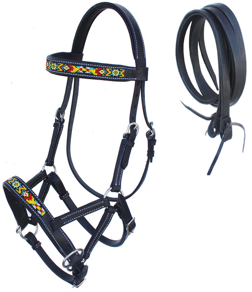 Horse Western Black Leather Padded Bitless Training Sidepull Bridle Reins 77RS19BK-F