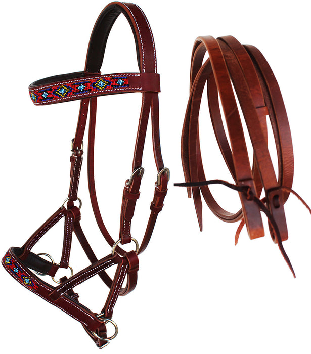 Horse Western Leather Beaded Bitless Sidepull Bridle Reins 77RS21MG-F