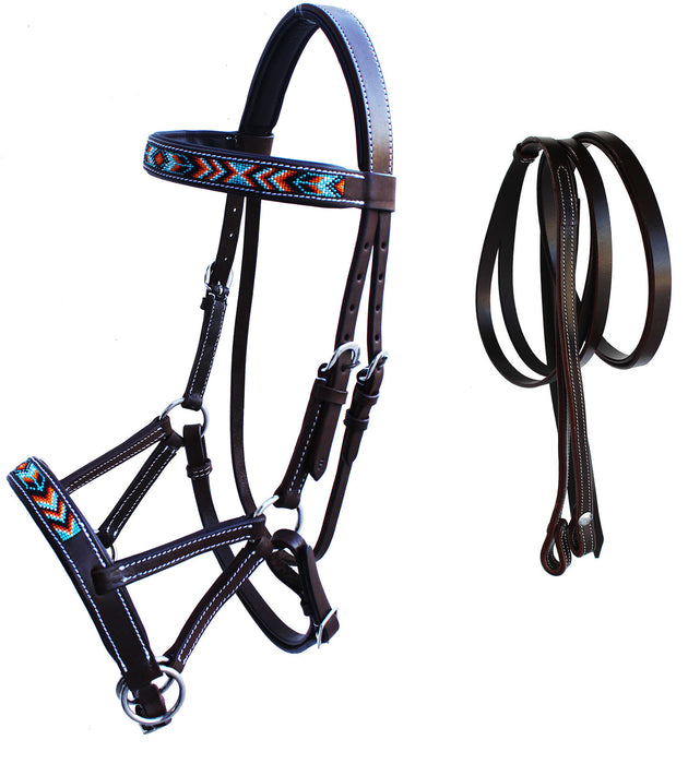 Horse Western Leather Tack Beaded Bitless Sidepull Bridle Reins Brown 77RS22BR