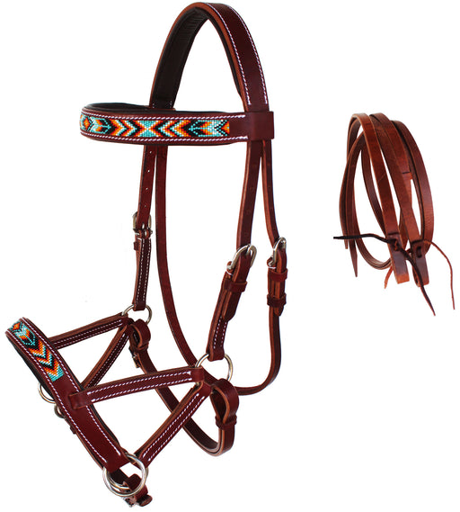 Horse Western Leather Beaded Bitless Sidepull Bridle Reins 77RS22MG-F