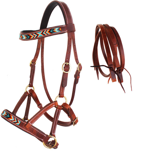 Horse Western Leather Beaded Bitless Sidepull Bridle Reins 77RS22TN-F