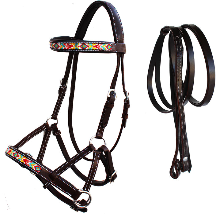 Horse Western Leather Tack Beaded Bitless Sidepull Bridle Reins Brown 77RS23BR