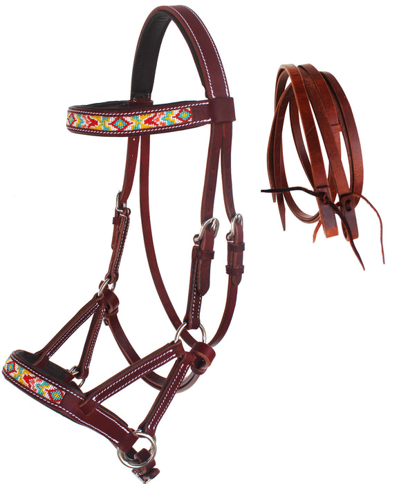 Horse Western Leather Beaded Bitless Sidepull Bridle Reins 77RS23MG-F