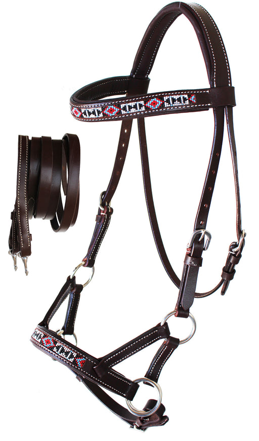 Horse Western  Leather Tack  Bitless Sidepull Bridle w/ Reins Brown 77RT09BR-F