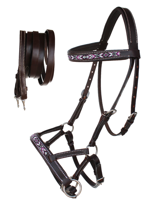 Horse Western Padded Leather Beaded Bitless Sidepull Bridle Reins 77RT13BR-F