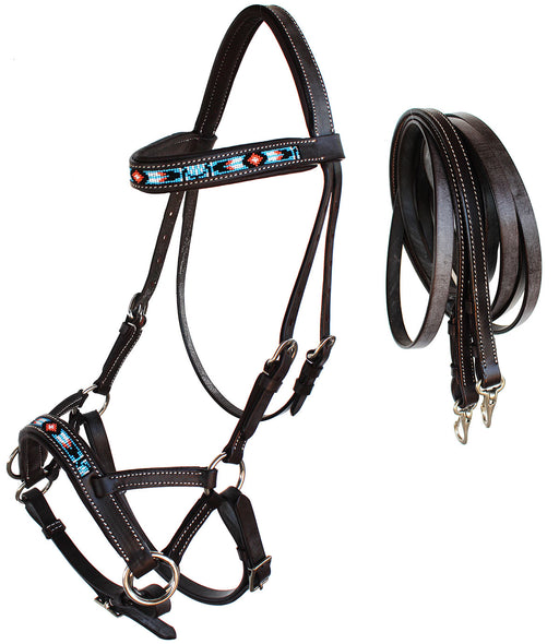 Horse Western Padded Leather Beaded Bitless Sidepull Bridle 77RT23BR-F