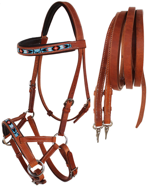 Horse Western Padded Leather Beaded Bitless Sidepull Bridle 77RT23TN-F