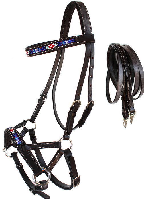 Horse Western Padded Leather Beaded Bitless Sidepull Bridle 77RT24BR-F