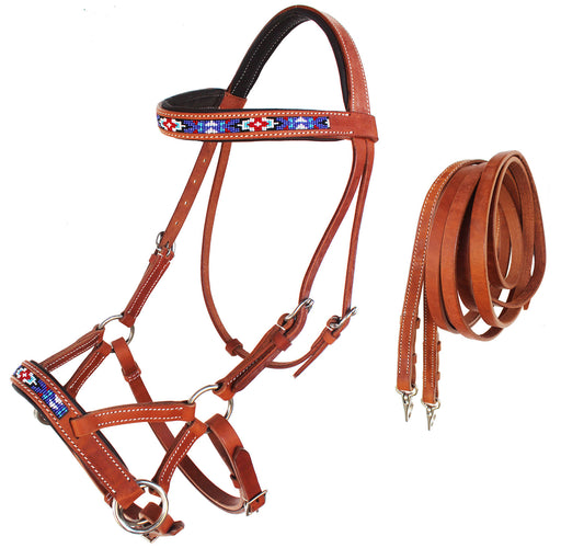 Horse Western Padded Leather Beaded Bitless Sidepull Bridle 77RT24TN-F