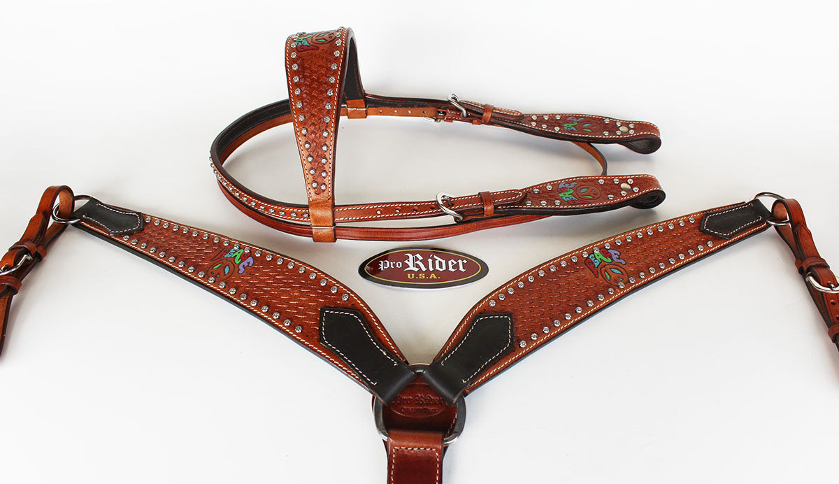 Horse Show Saddle Tack Rodeo Bridle Western Leather Headstall Breast Collar 7864