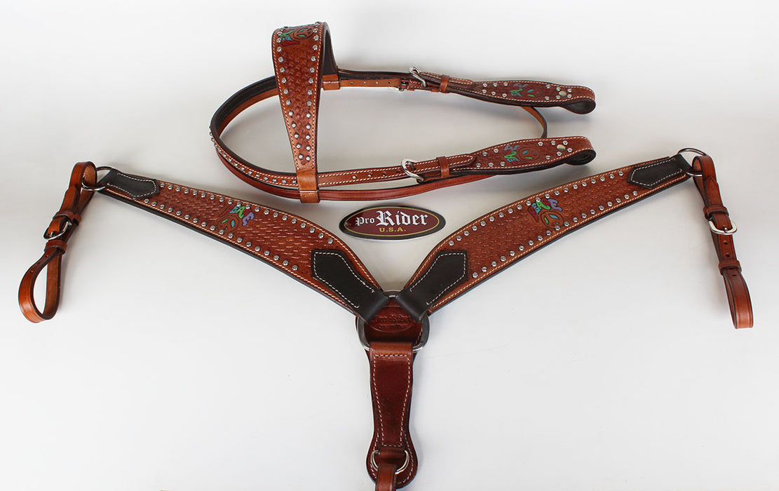 Horse Show Saddle Tack Rodeo Bridle Western Leather Headstall Breast Collar 7864