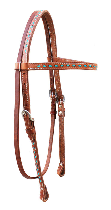 Horse  Leather Turquoise Buckstitch Headstall w/ Barrel Reins 78AD11HB