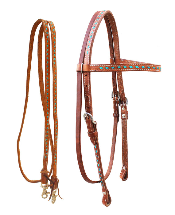 Horse  Leather Turquoise Buckstitch Headstall w/ Barrel Reins 78AD11HB