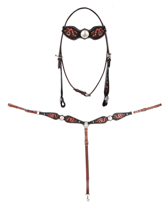 Horse  Western Snake Embroidered Browband Bridle Breast Collar Set Brown 78BT06B