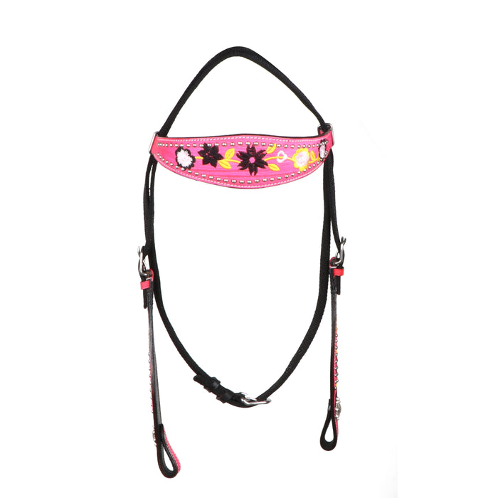 Horse  Western Floral Embroidered Bridle Breast Collar Tack Set Pink 78BT11B