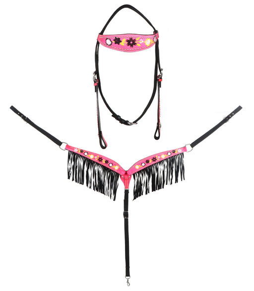 Horse  Western Floral Embroidered Bridle Breast Collar Tack Set Pink 78BT11B