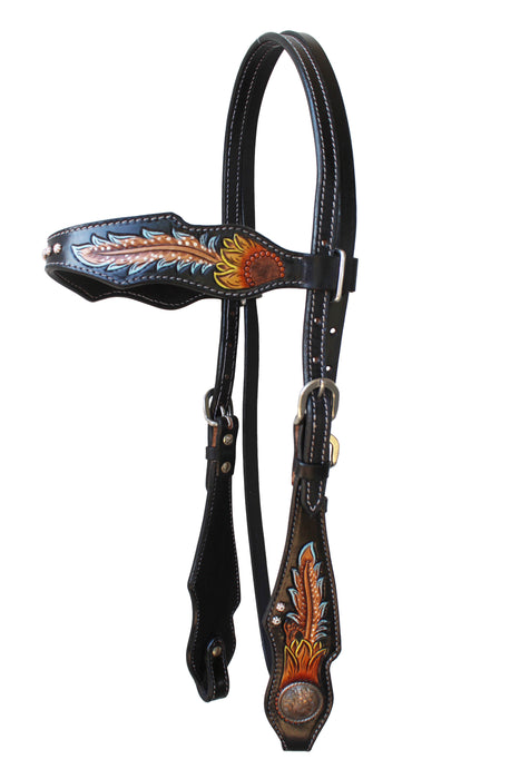 Horse Western Feather Tooled Browband Bridle & Breast Collar Set Brown 78FK01B