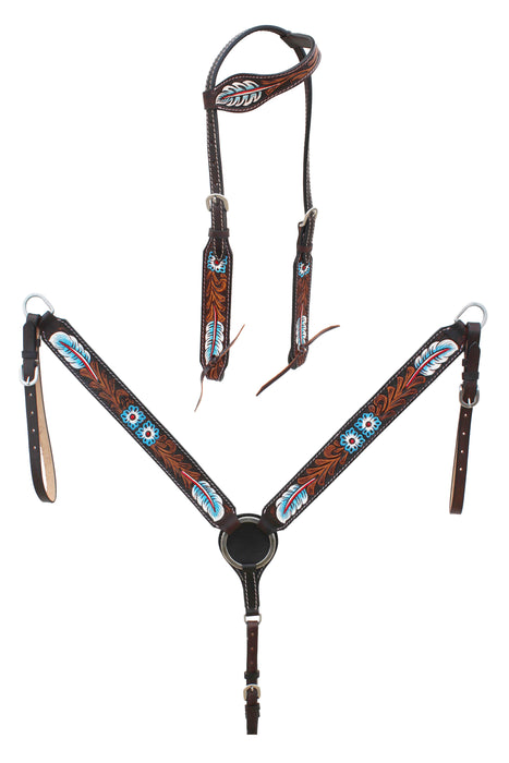 Horse Western Floral Tooled Laced One Ear Tack Set Bridle Headstall Breast Collar 78HR03A