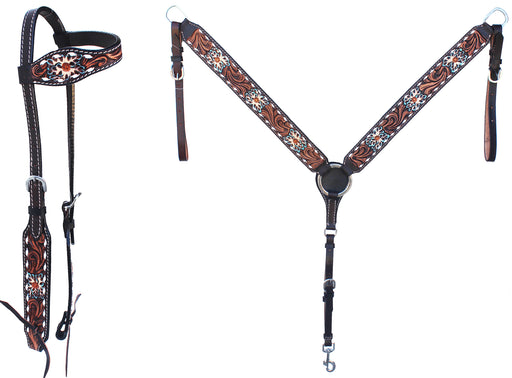 Horse Western Floral Tooled Laced One Ear Tack Set Bridle Headstall Breast Collar  78HR05A