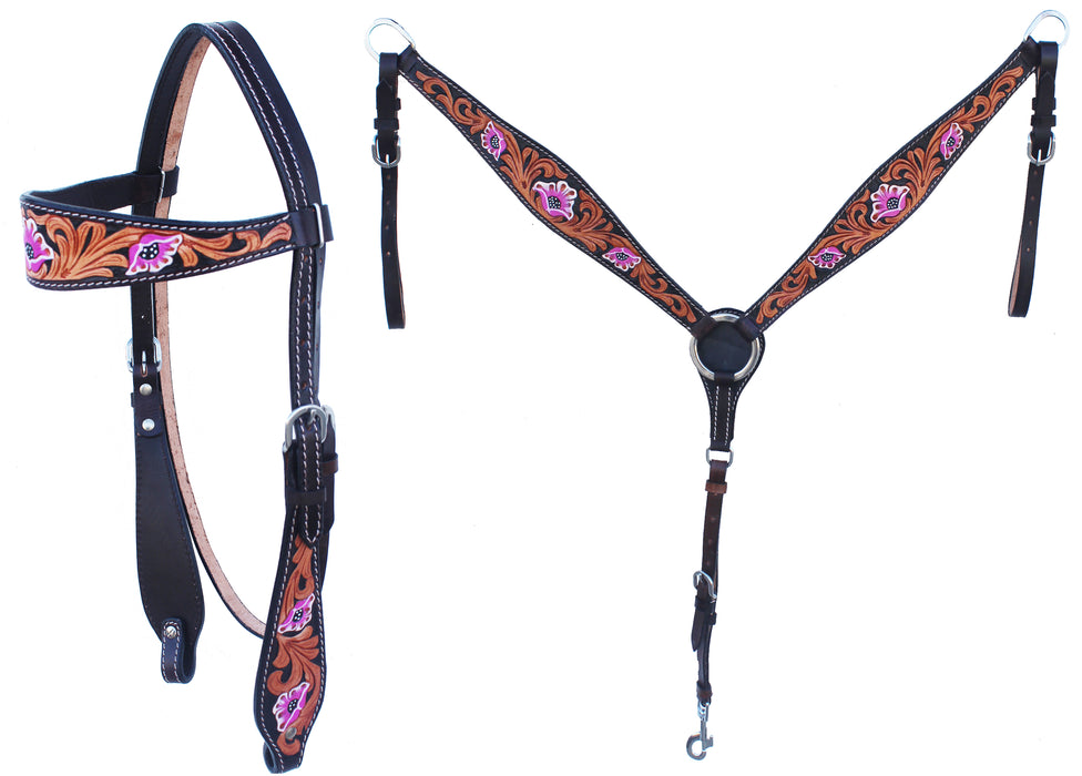 Horse Western Floral Tooled Browband Bridle & Breast Collar Tack Set 78HR23B