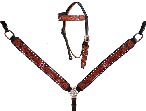 Horse Western Floral Tooled Leather Browband Headstall Breast Collar Tack 78HR32B