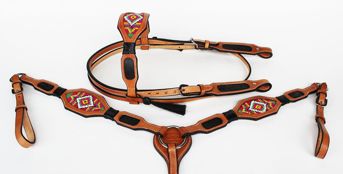 Horse Bridle Western Leather Headstall Breast Collar Show Tack Beaded  7901