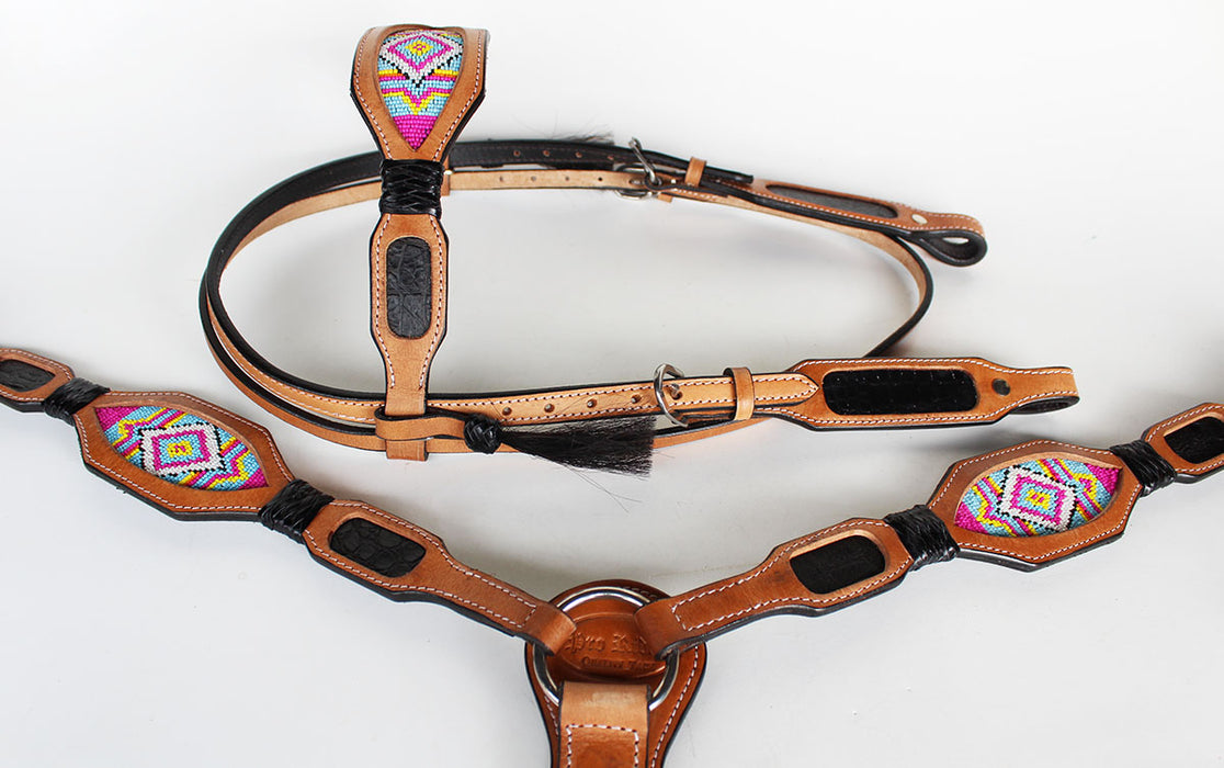 Horse Bridle Western Leather Headstall Breast Collar Show Tack Beaded  7902
