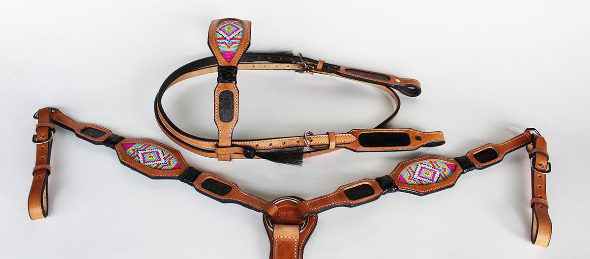 Horse Bridle Western Leather Headstall Breast Collar Show Tack Beaded  7902