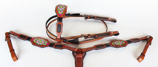 Horse Bridle Western Leather Headstall Breast Collar Show Tack Beaded  7904