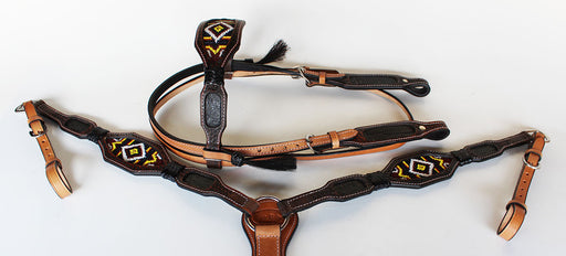 Horse Bridle Western Leather Headstall Breast Collar Show Tack Beaded  7906