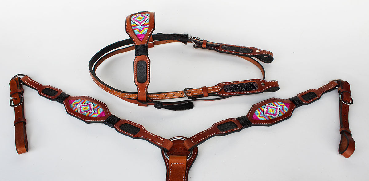 Horse Bridle Western Leather Headstall Breast Collar Show Tack Beaded  7909
