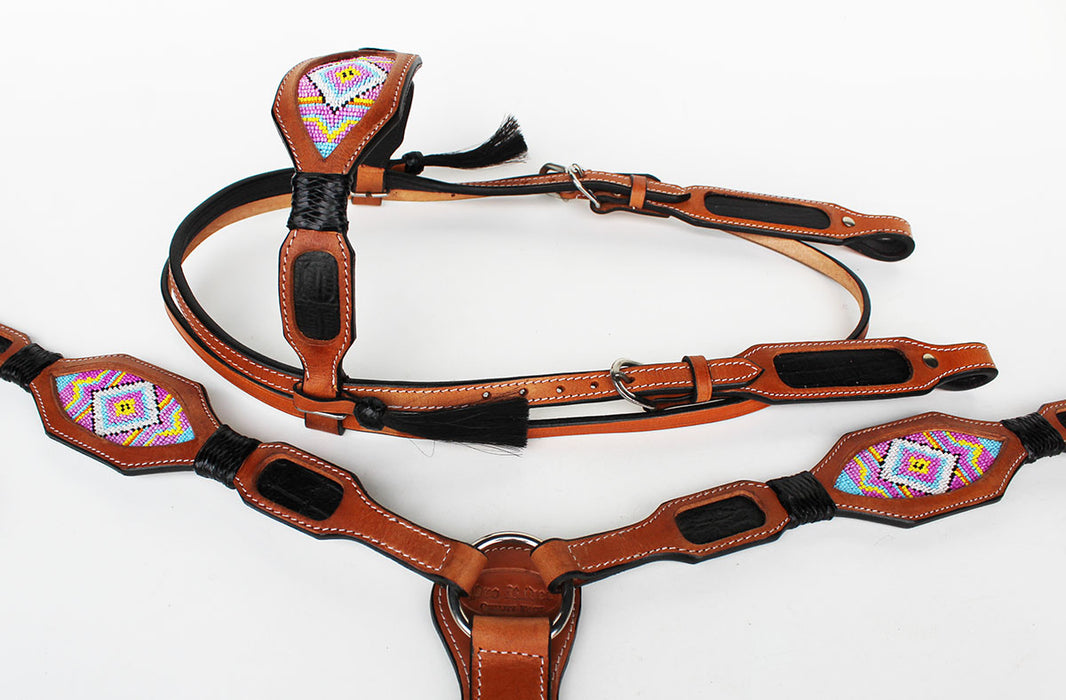 Horse Bridle Western Leather Headstall Breast Collar Tack Beaded Purple BRN 7913