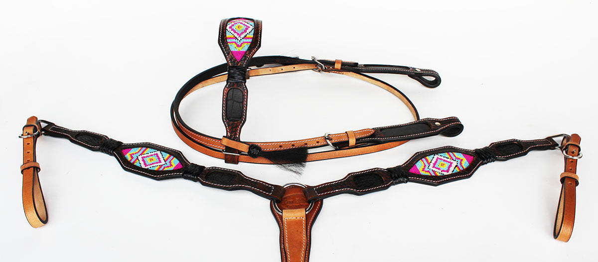 Horse Bridle Western Leather Headstall Breast Collar Show Tack Beaded  7914