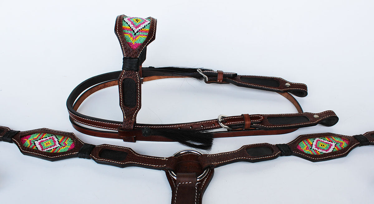 Horse Bridle Western Leather Headstall Breast Collar Show Tack Beaded  7917