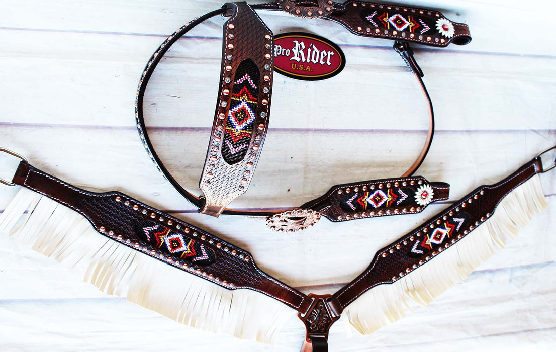 Horse Show Bridle Western Leather Headstall Breast Collar Beads Rodeo Tack 7989B