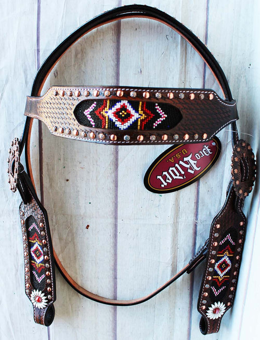 Horse Show Bridle Western Leather Headstall Barrel Racing Beaded Tack 7989HB