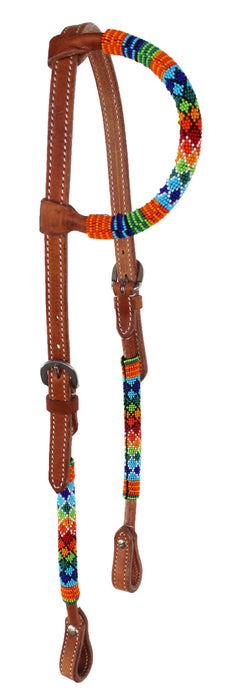 Horse Show Bridle Western Leather Headstall Beaded Overlay One Ear 79RT04HA