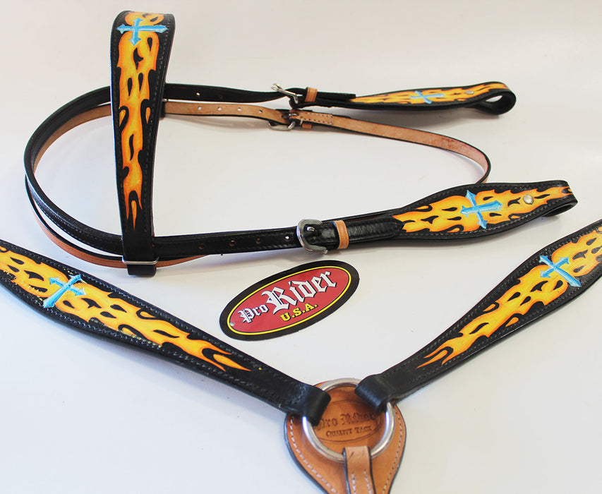 Horse Tack Bridle Western Leather Headstall Breast Collar Turquoise Cross 80171B