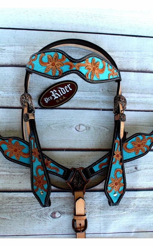 Horse Tack Bridle Western Leather Browband Headstall Turquoise 80183B