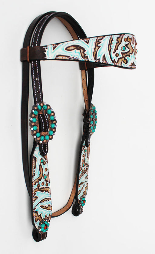 Horse Tack Bridle Western Leather Headstall Brown Turquoise Rodeo Equine 80223HB