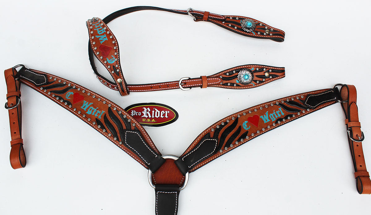 Horse Tack Bridle Western Leather Headstall BreastCollar Turquoise 8061