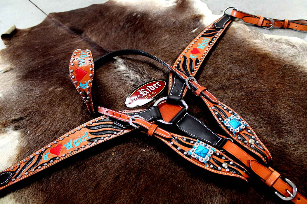 Horse Tack Bridle Western Leather Headstall BreastCollar Turquoise 8061