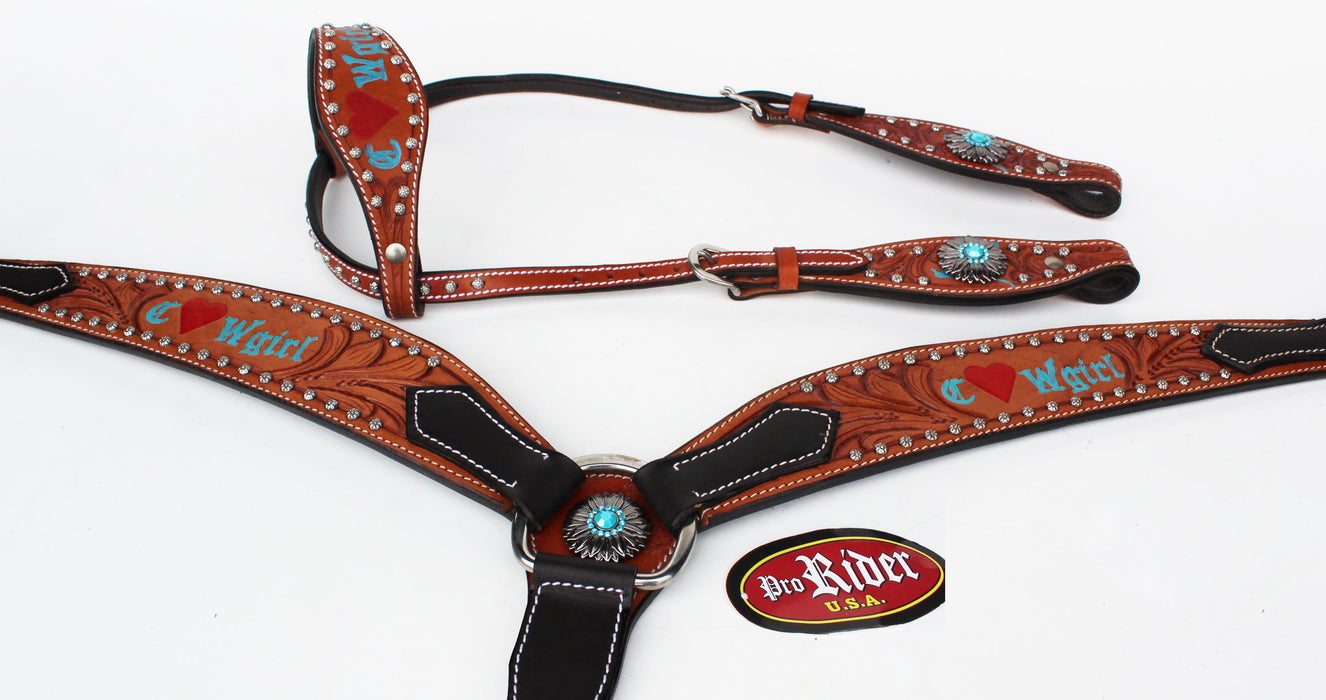 Horse Bridle Western Leather Headstall Breast Collar Tack Turquoise Rodeo 8066A