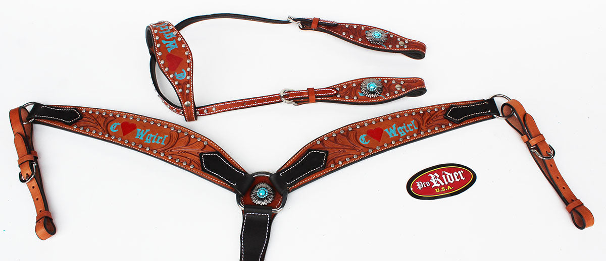 Horse Bridle Western Leather Headstall Breast Collar Tack Turquoise Rodeo 8066A