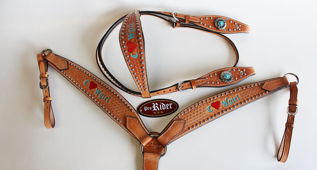 Horse Tack Bridle Western Leather Headstall BreastCollar Turquoise 8092