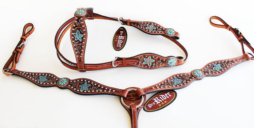 Horse Tack Bridle Western Leather Headstall BreastCollar Turquoise Flower 8094